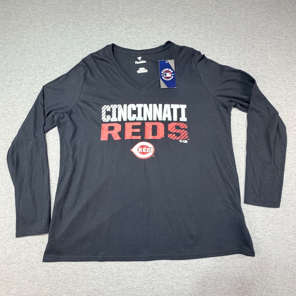 Fanatics Cincinnati Reds Womens Long Sleeve V-Neck T-Shirt Black 2XL NWT MLB